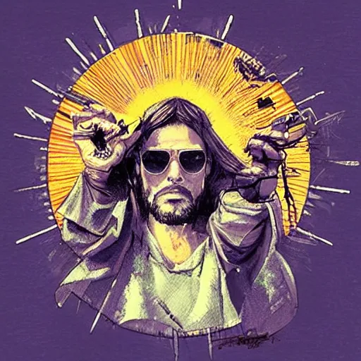 Prompt: art of cool jesus wearing sun glasses by christopher shy on a hoodie