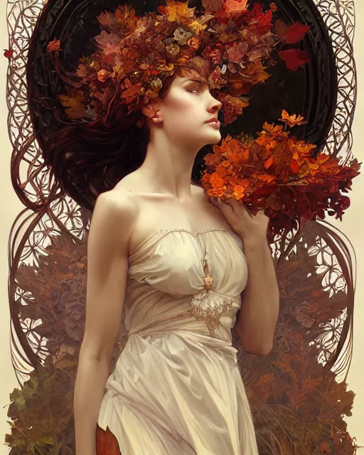 Prompt: A full portrait of the goddess of autumn, intricate, elegant, highly detailed, digital painting, artstation, concept art, smooth, sharp focus, illustration, art by Krenz Cushart and Artem Demura and alphonse mucha