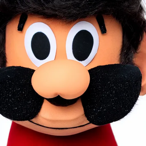 Image similar to photo of a dark haired man with long face, dark brown eyes and eyelashes, moustache, long nose, stubble wearing mario outfit