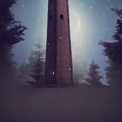 Prompt: wide angle shot of a ancient tower in a clearing of a fairytale forest at night under a starry sky, super moon, ethereal, pastel tones, mist and fog, concept art, blender render, highly detailed, 4 k, 8 k, artstation