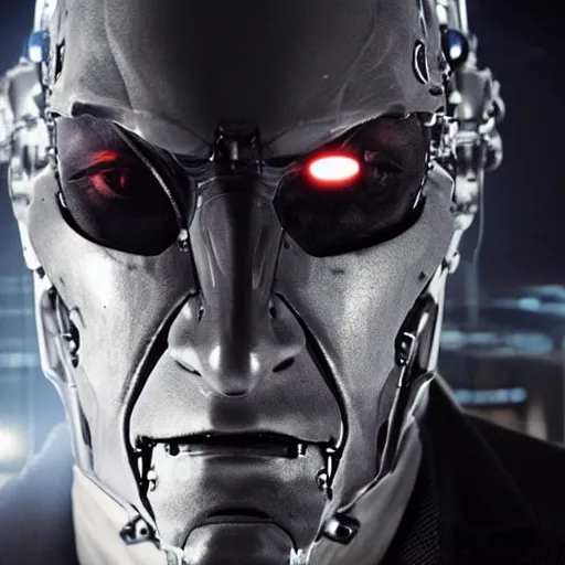 Image similar to movie still of a villain cyborg, facial expression, cinematic composition, cinematic light, by edgar allan poe,