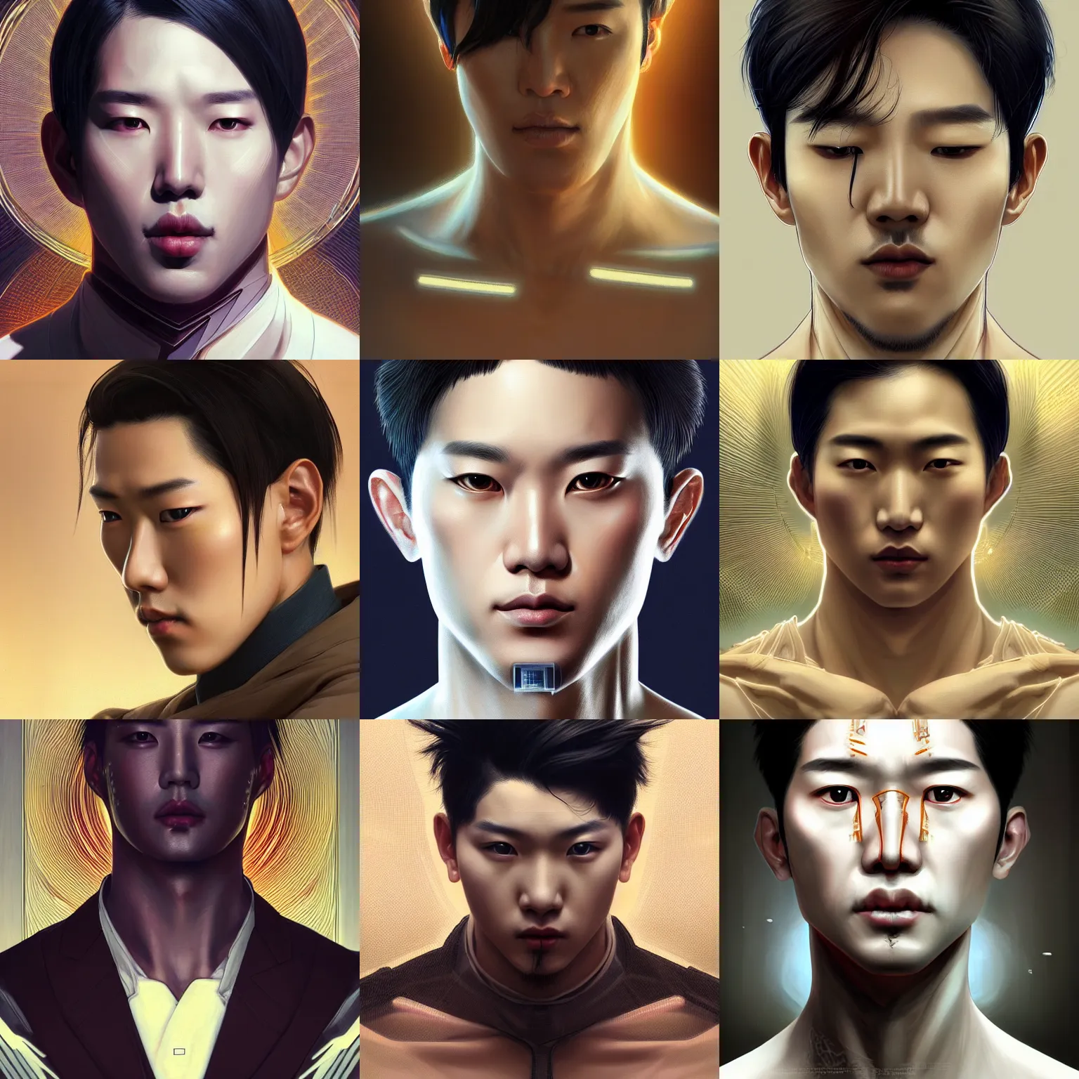 Prompt: symmetry!! masculine korean man, computer parts embedded into face, intricate, elegant, highly detailed, digital painting, artstation, concept art, smooth, sharp focus, synthwave, cyberpunk, illustration, art by artgerm and greg rutkowski and alphonse mucha, 8 k