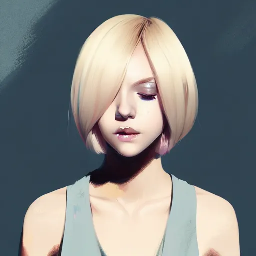 Image similar to urban girl fanart, blond bob haircut, muted colors, matte print, pastel colors, ornate, digital art, cute smile, digital painting, fan art, elegant, pixiv, by maciej kuciara