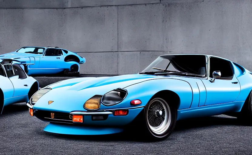 Prompt: a detailed combination of a blue jaguar e - type, lamborghini countach and a datsun 2 4 0 z, concept photo, 8 k, highly detailed, dramatic lighting