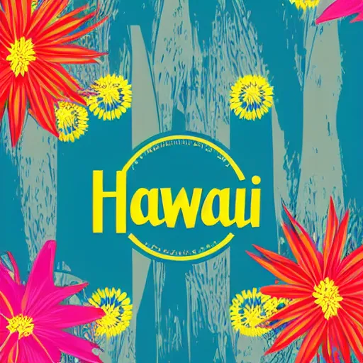 Image similar to hawaii tourism poster in style of bauhaus, hula girl, surfboard, waves, palm trees, sun, surf sand, medley of tropical flowers, lei, beautiful, symmetrical, textured, layered, ornate, detailed, chromostereopsis, 8 k