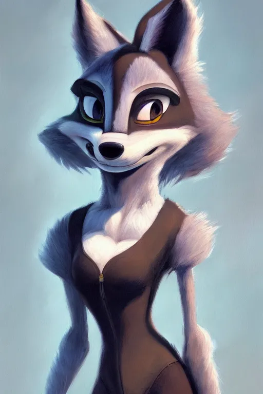 Image similar to oil painting of anthromorphic female wolf, in style of zootopia, female fursona, furry, furaffinity, 4 k, deviantart, furry art, fursona art, wearing black business suit, business suit, wolf fursona, cyberpunk, female, very expressive detailed feminine face,