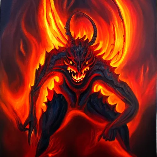 Image similar to fire demon eat human, oil painting