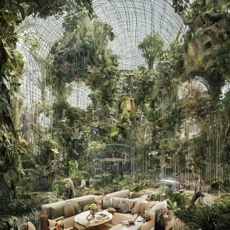 Image similar to octane render portrait by wayne barlow and carlo crivelli and glenn fabry and architectural digest, a beautiful neo - midcentury - modern palace covered in lush plants with giant reflective windows inside a giant beautiful dessert at goldenhour, light beams, cinema 4 d, ray traced lighting, very short depth of field, bokeh