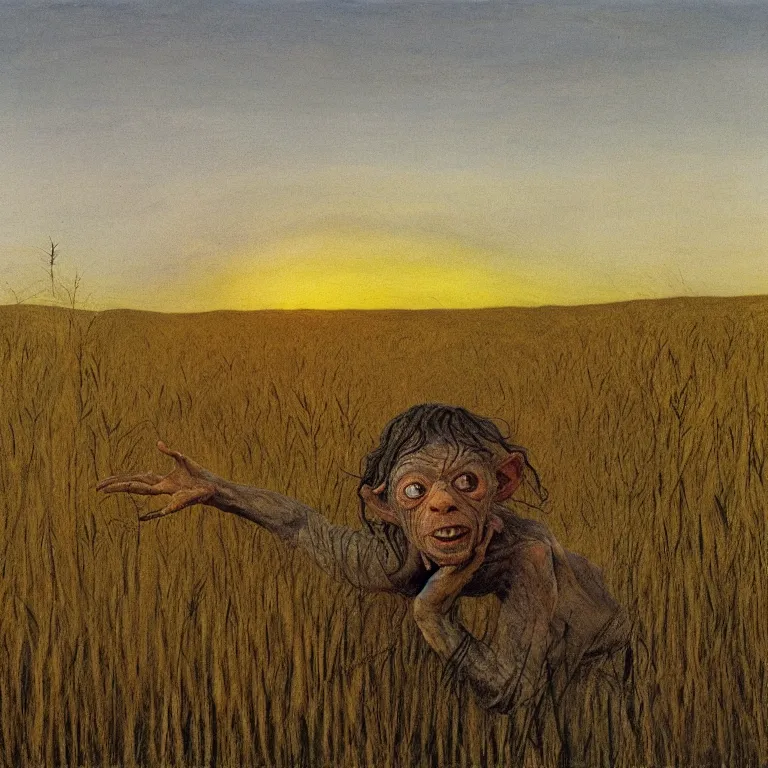 Prompt: An Andrew Wyeth painting of Gollum in a field of wheat at sunset