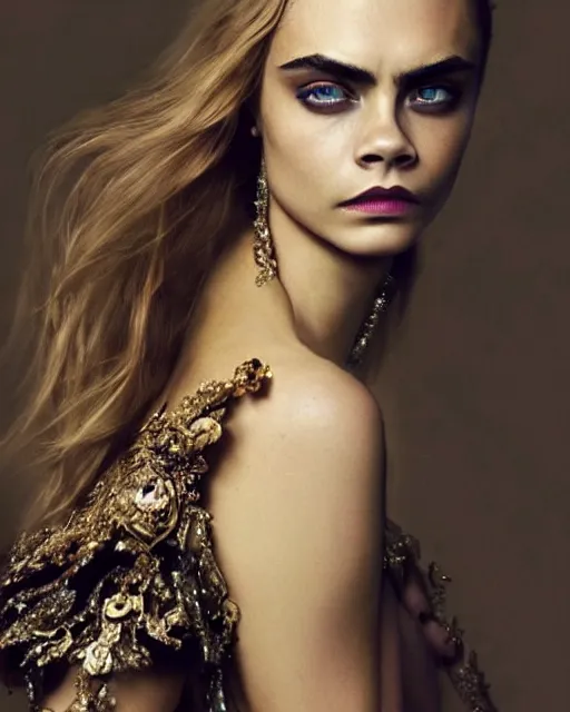 Prompt: cara delevingne wearing epic haute couture by Alexander McQueen, extremely beautiful and proportionate face, in the aesthetic of mert and marcus, masterpiece, intricate, elegant wardrobe, highly detailed, digital painting, artstation, concept art, smooth, sharp focus, illustration, art by artgerm and james jean and greg rutkowski and alphonse mucha
