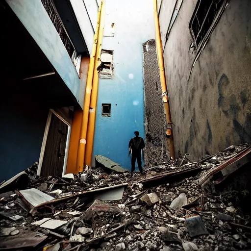 Image similar to A colorful photo of a mysterious man with a gas mask wearing a flashlight is standing in the midle of a staircase alley looking in the direction of the camera :: exterior, blue sky visible :: ruined city with vegetation and trees growing everywhere on the destroyed buildings :: apocalyptic, gloomy, desolate :: long shot, low angle, dramatic backlight, symmetrical, night, slightly colorful photography :: cinematic shot, very detailed