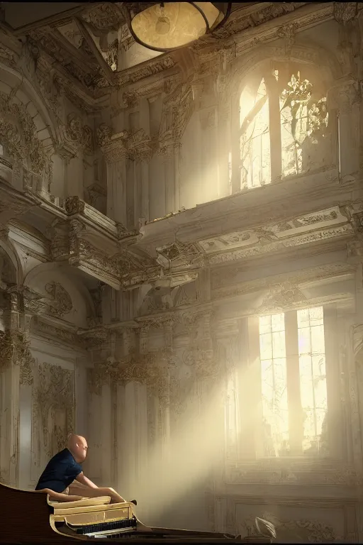 Prompt: Mac Miller playing the piano in the middle of a marble palace in Heaven, Halo, RIP, Heavenly, Divinity, waterfalls, beams of golden light, Hope, Ethereal, Symmetry, environment concept, Atmospheric Lighting, artstation trending, ladders, angelic, Rendered in Octane, trending on artstation, cgsociety, moody lighting rendered by octane engine, environment 8K artstation, cinematic lighting, intricate details, 4k detail post processing, hyperrealistic, ultra detailed cinematic
