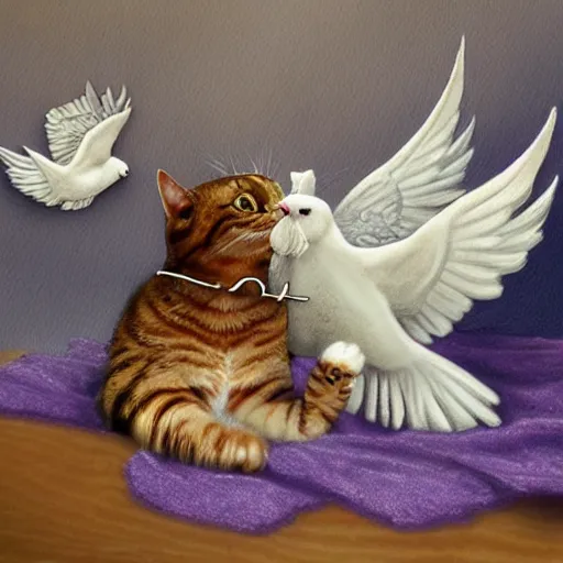 Image similar to cat playing with the dove of peace, photorealistic, detailed