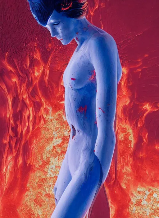 Image similar to luxurious royal white and blue astronaut emerging from hot red volcanic lava in cyberpunk theme by conrad roset, nicola samuri, dino valls, m. w. kaluta, rule of thirds, sigma look, beautiful