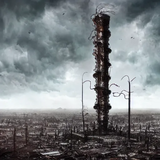 Image similar to giant evil bio-organic fleshy complex machine tower with tendrils and one eyeball at the top looking over a stormy post-apocalyptic wasteland, dystopian art