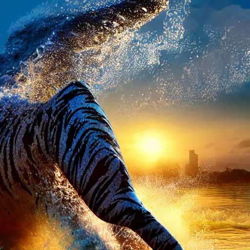 Image similar to a closeup photorealistic photograph of a large knitted tiger hippopotamus riding a large wave during sunset. surf in the background. professional capture. brightly lit scene. this 4 k hd image is trending on artstation, featured on behance, well - rendered, extra crisp, features intricate detail, epic composition and the style of unreal engine.