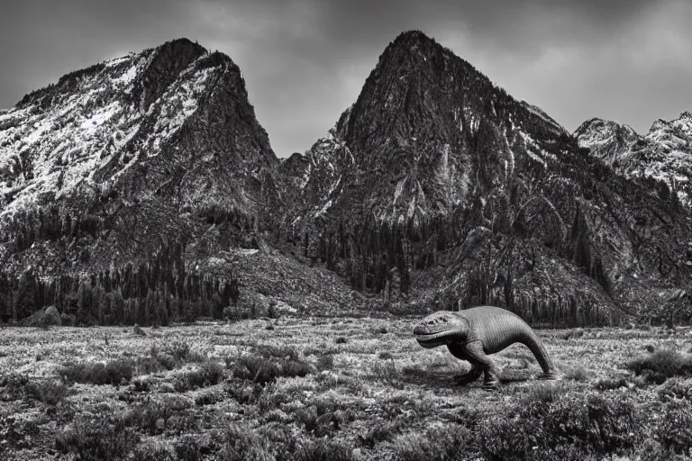 Prompt: tyrannosaurus rex large theropod dinosaur standing inside a valley, snowy peaks, in the style of ansel adams, black and white, old, master photography