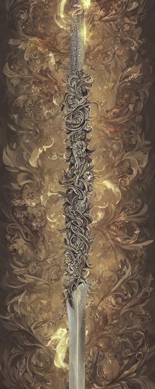 Image similar to beautiful fantasy giant sword carved with decorative ornament, acanthus scrolls, lilies, ivy, energy, geometry, bones, petals, stems, ceremonial clouds, dripping paint, fibonacci rhythm, artstation, artgerm, wlop, symmetric ornaments