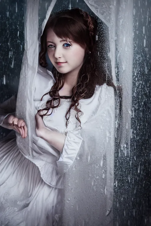 Prompt: a girl in a maid's outfit in the bedroom a night, raining outside the window, wavy white long hair, by rei _ 1 7, detailed eyes, 4 k resolution