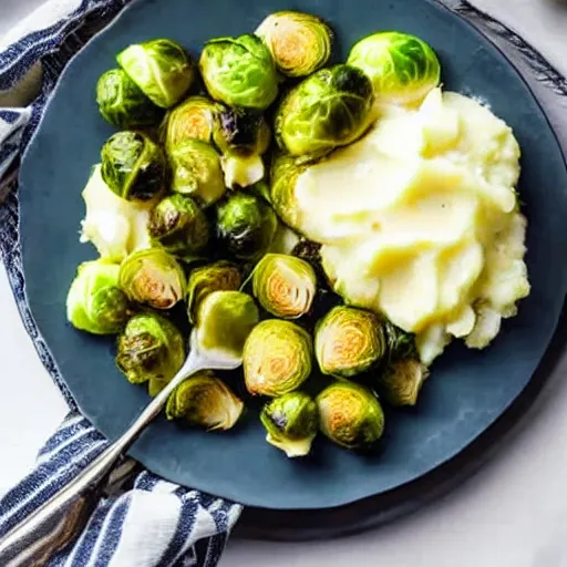 Prompt: brussel sprouts on white gravy , mashed potatoes, Michelin star, award winning