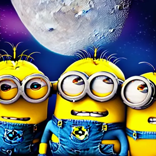 Image similar to macro photo of minions fighting on the moon, ultra realistic