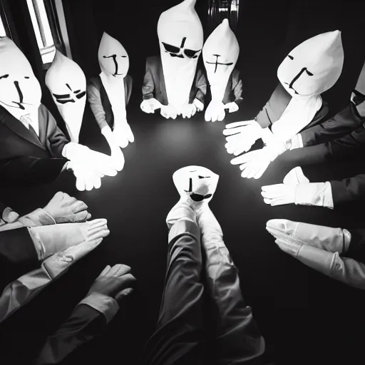 Image similar to conehead puppets wearing suits praying around a illuminated black cube, film grain