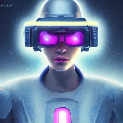 Image similar to cyberpunk concept cool warrior girl bot, cinema 4 d, galaxy, ufo, space sci - fi, wearing vr goggles, illustration, portrait, pastel neon textured background night, trending on artstation, greg rutkowski, octane rendered, 1 2 k, detailed,