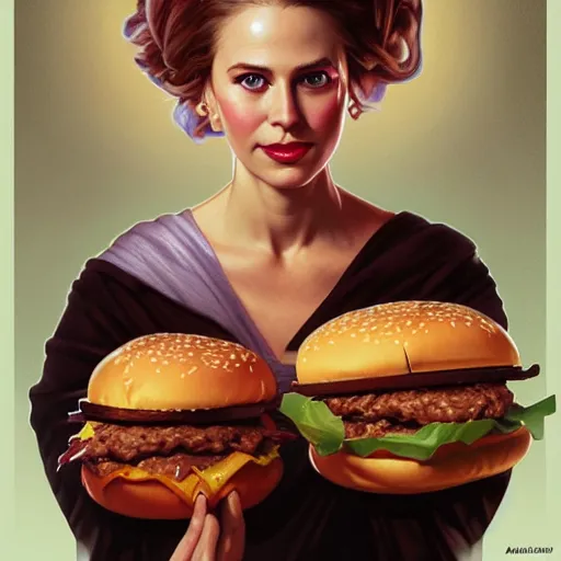 Prompt: portrait of Barbara Bush eating hamburgers, extra onions and ketchup, luscious patty with sesame seeds, feminine ethereal, handsome, D&D, fantasy, intricate, elegant, highly detailed, digital painting, artstation, concept art, matte, sharp focus, illustration, art by Artgerm and Greg Rutkowski and Alphonse Mucha