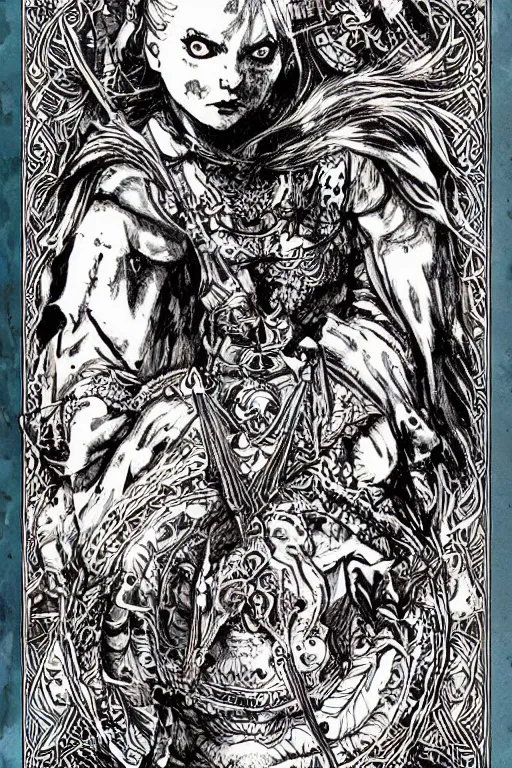 Prompt: Viking Alice in wonderland tarot card , pen and ink, intricate line drawings, by Yoshitaka Amano, Ruan Jia, Kentaro Miura, Artgerm, watercolor