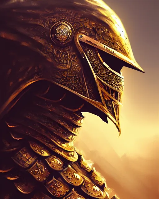 Image similar to realistic side view painting of the king of the desert, angry, wide angle, gold armour, sword, dramatic lighting, intricate, wild, highly detailed, digital painting, artstation, concept art, smooth, sharp focus, illustration