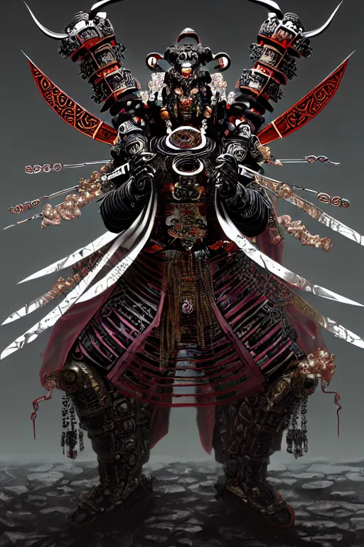 Prompt: asura from chinese myth, ancient japanese samurai, luxurious armor mixed with leather and metal, gothic diablo art, rococo art, cyberpunk, mecha, halfturn portrait of a big crystal face made of crystals half - turn, ominous, intricate, studio, art by anthony macbain + greg rutkowski + alphonse mucha, concept art, 4 k, sharp focus