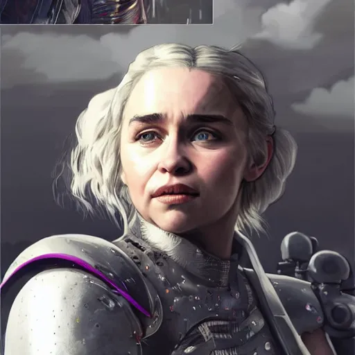 Image similar to Detailed art of Emilia Clarke in armor smiling warmly in Cyberpunk 2077 video game, concept art, poster, detailed, artstation