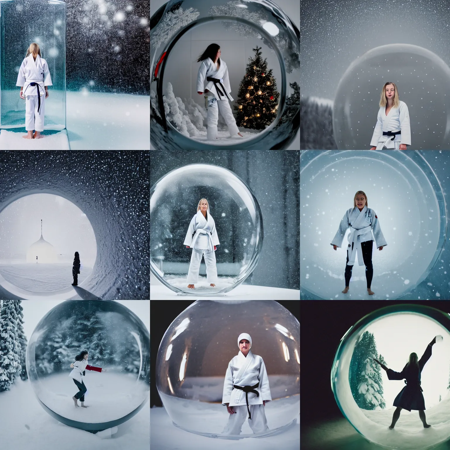 Prompt: Young white judo woman wearing a white gi, standing inside a giant snowglobe, looking out, macro photography