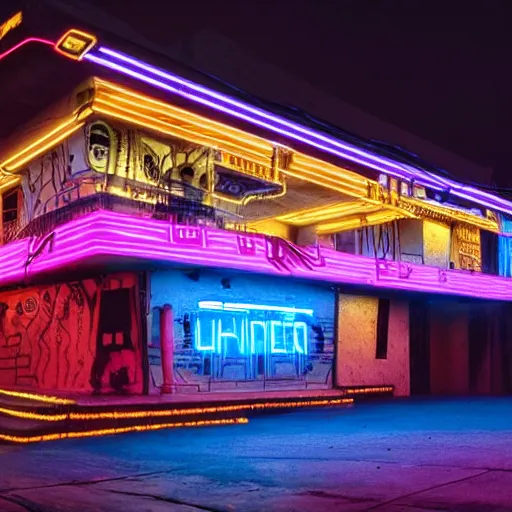 Prompt: cybernetic neon lit ndebele homestead seen from the front, street scene in blade runner