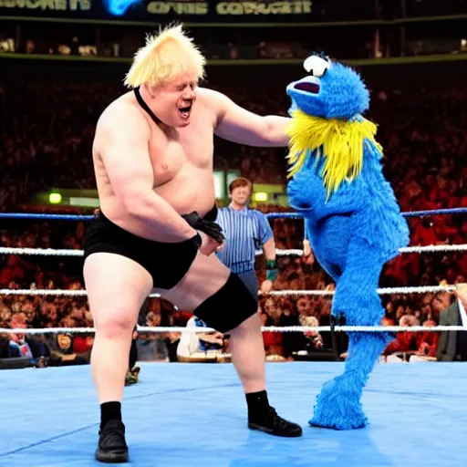 Image similar to Boris Johnson wrestling cookie monster in a wwe match