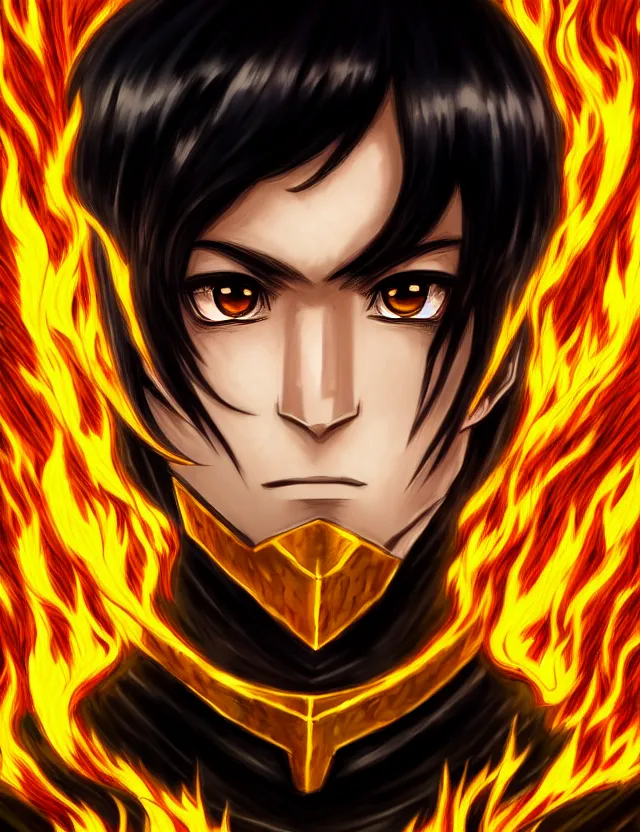 Image similar to a detailed manga portrait of a black haired man with hazel eyes in gleaming golden armour that burns with golden fire, trending on artstation, digital art, 4 k resolution, detailed, high quality, sharp focus, hq artwork, coherent, insane detail, character portrait