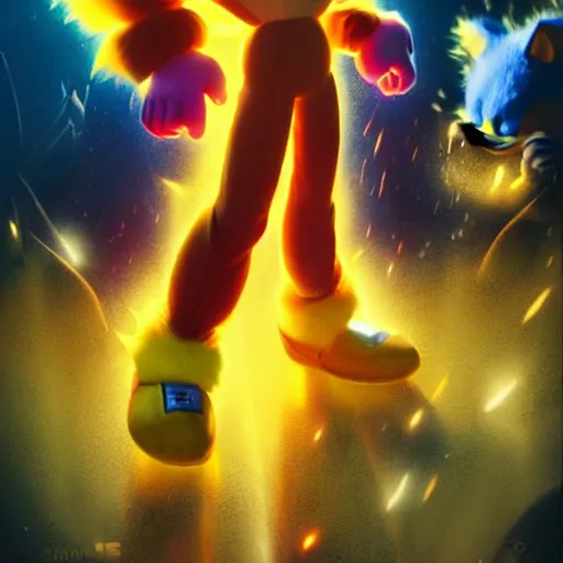 Prompt: super saiyan sonic movie poster, yellow fur, yellow fur, super saiyan, sonic the hedgehog, full body, digital art by greg rutkowski