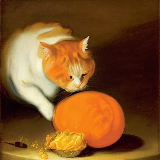 Image similar to realistic baroque painting of a giant fat orange tabby cat preparing to devouring a steaming hot lasagna, oil painting by goya, caravaggio, dramatic lighting, garfield by jim davis