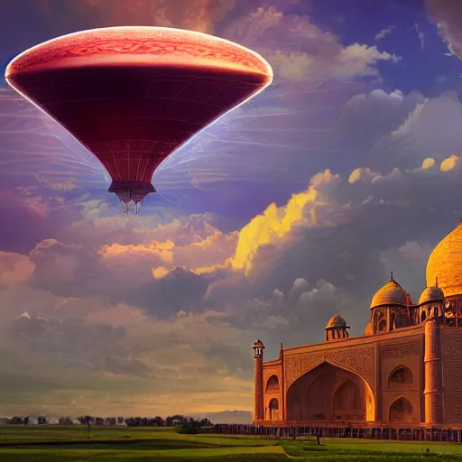 Prompt: indian airship, with dramatic lighting, in the style of Moebius, dirigible, airship, blimp, t hyperrealism photography of taj mahal covered with colorful clouds, cgi detailed, dramatic lighting, cgsociety, in style of photorealism artist, cinematic shot