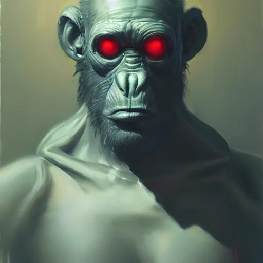 Image similar to an cyberpunk ape philosopher deep in thought, medium shot, oil on canvas, no noise, elegant, concept art, sharp focus, beautiful face!!, smooth defined outlines!!, by Brom, trending on Artstation, Tom Bagshaw, Sargent