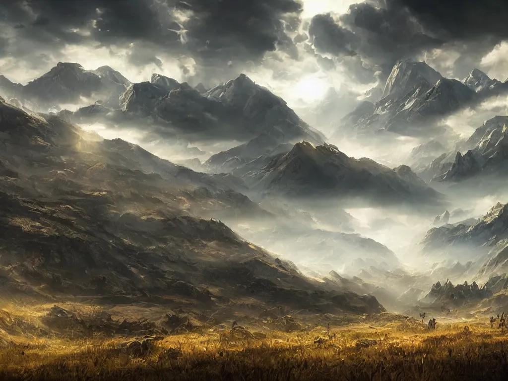 Prompt: a cinematic landscape view looking at an open field, cyberpunk wildlife, mountains in the distance with a river running down, the sun shines through the parted clouds, digital painting, fantasy, art by alexandre mahboubi and christophe oliver