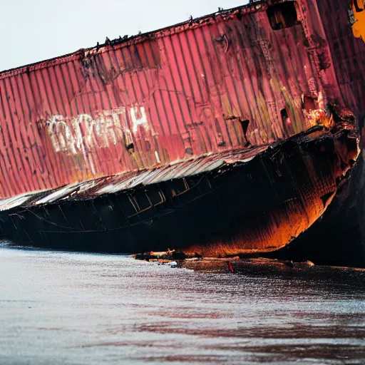 Image similar to crashed cargo ship leaking mysterious black gooey liquid, mysterious black slime, black gooey liquid leaking out of crashed cargo ship, apocalyptic, ruined, container ship, crashed, 8 5 mm f / 1. 4