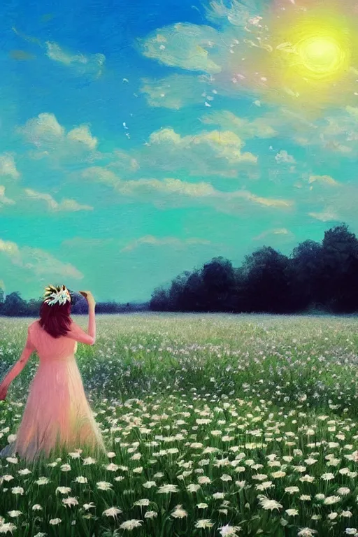 Image similar to white daisy flowers as head veil, girl walking in a flower field, surreal photography, sunrise, dramatic light, impressionist painting, colorful clouds, digital painting, artstation, simon stalenhag