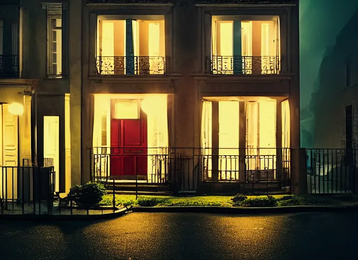 Image similar to small suburban houses in Paris at night inspired by Edward Hopper, Photographic stills, photography, fantasy, moody lighting, dark mood, imagination, cinematic