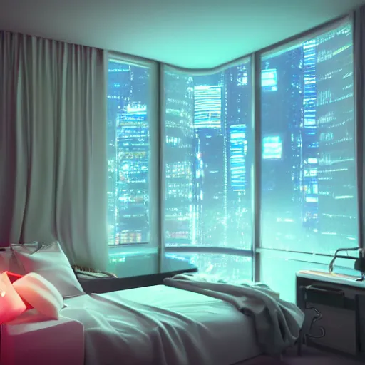 inside a girl room, cyberpunk vibe, neon glowing lights, sharp