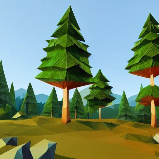 Image similar to a forest of 3d low poly trees with the mountains in the background, high quality, mobile game