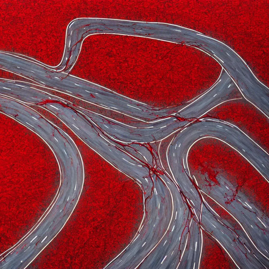 Image similar to painting of highway roads that are like blood arteries leading to the heart's core.