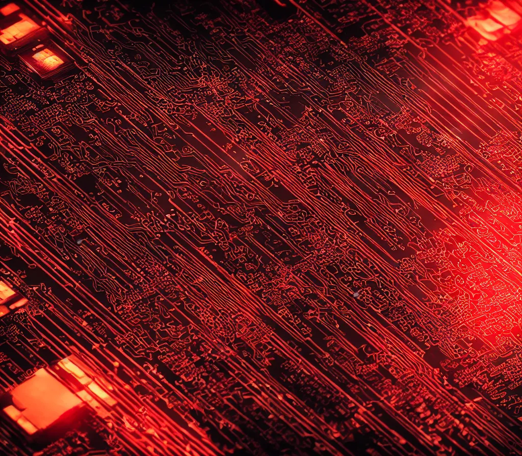 Prompt: “cinematic picture of a red cyberpunk arasaka computer chip on a yellow circuit board, Arasaka, cyberpunk 2077, 8k, octane render, wallpaper”