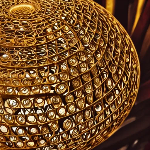 Prompt: a well - lit photo of an intricate gold filigree art nouveau set of concentric spheres on a wooden table, beautiful, detailed, flowing curves