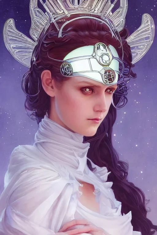 Prompt: Art Nouveau Queen of Robotics, Sexy glowing white Angelic woman who looks like Sharon Apple manga cover style, portrait, headshot, D&D, fantasy, highly detailed, digital painting, artstation, concept art, sharp focus, illustration, art by artgerm and greg rutkowski and alphonse mucha